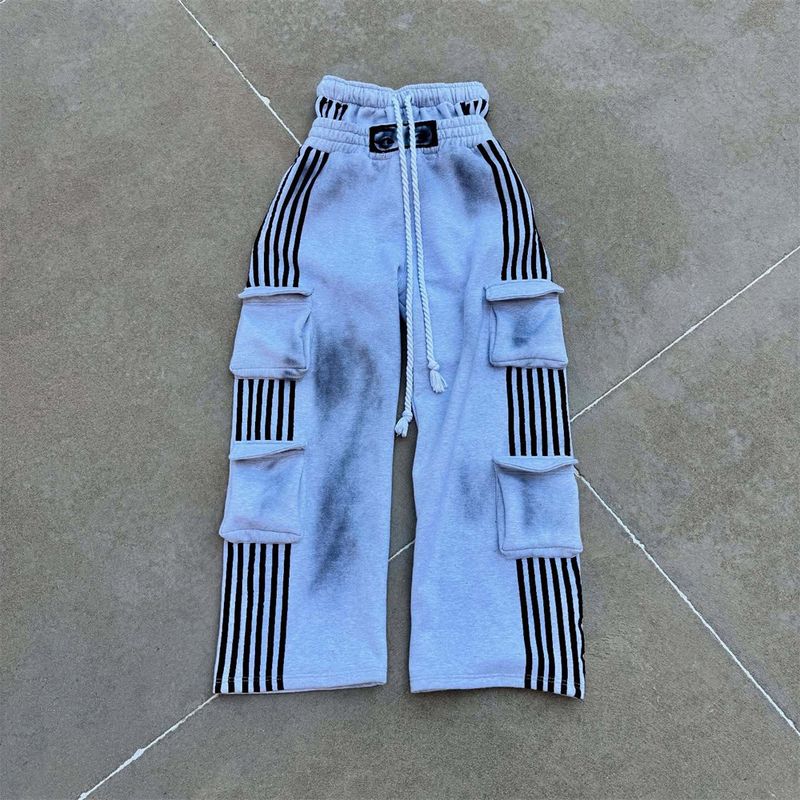 Pantaloni della tuta neri/bianchi in stile europeo-americano alla moda 2026 da donna/uomo, a vita alta, con lacci, doppia cintura, a righe, multitasche, casual, larghi, sportivi, pantaloni lunghi_voghion.com
