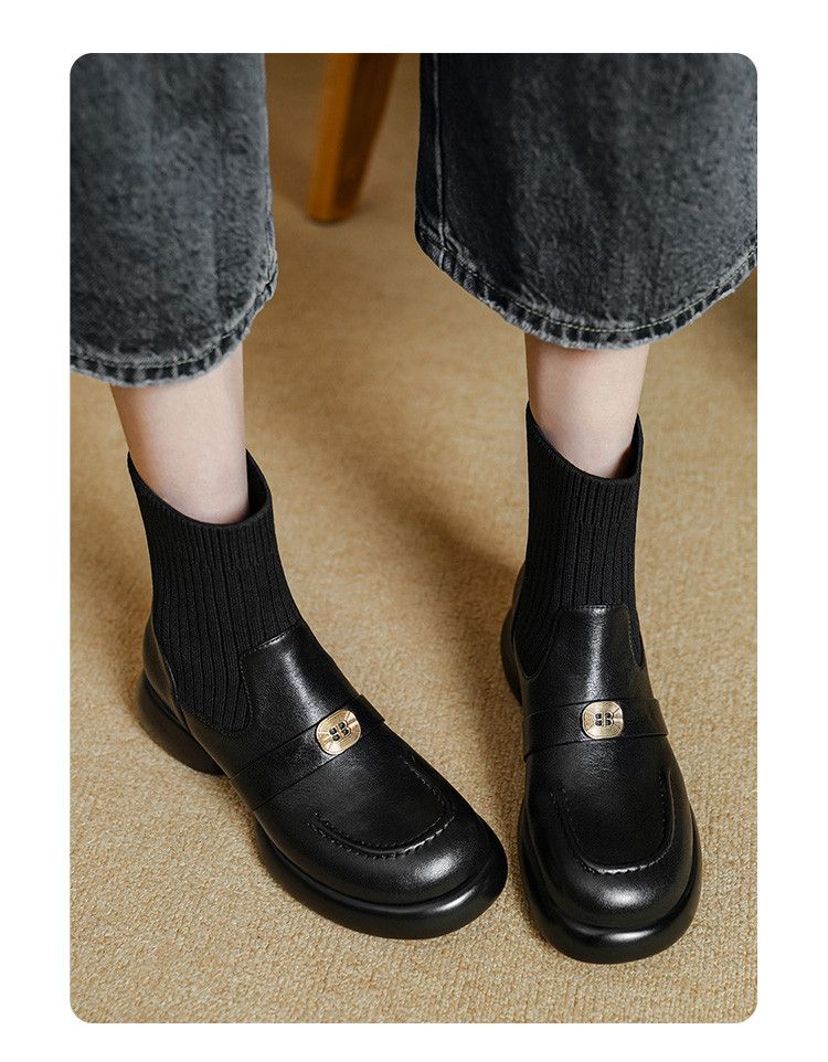 Cameido Women's Leather Short Boots With Elastic Knit Shaft Chunky Heel British Style Autumn Winter_voghion.com