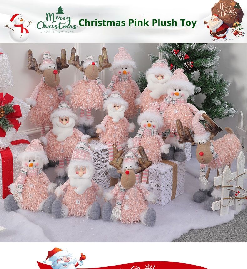 Pink Christmas Decorations Set - Fabric Santa Claus, Snowman, Reindeer Dolls For Tree, Window Display & Home Decor_voghion.com