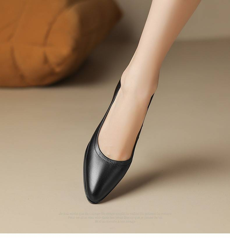 Soft Leather Pointed Toe Low Block Heel Slip-On Loafers For Women - Comfortable Casual & Office Shoes With Elastic Gusset_voghion.com