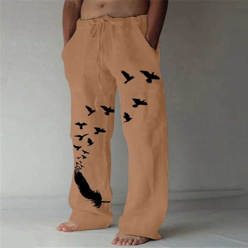 Pantalones holgados informales de lino con diseño de bolsillo y cordón para hombre, talla grande, con estampado de plumas de pájaros, 2024_voghion.com