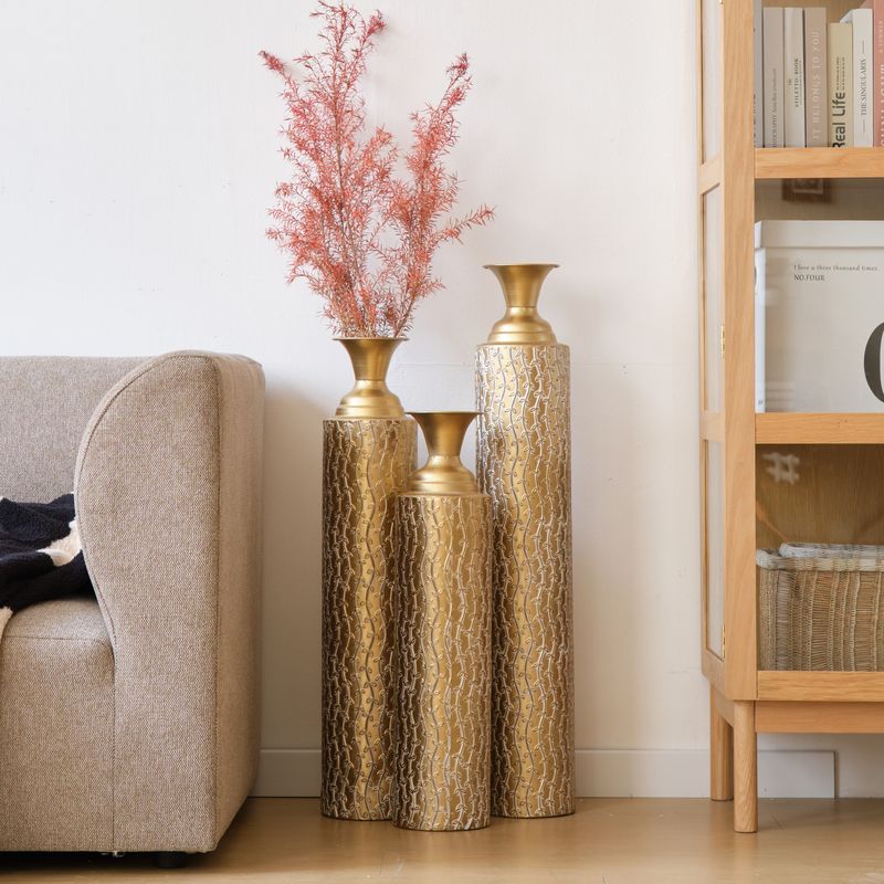 Metal Decorative Vases High Distress Metal Center Vases With Growing Vine Patterns, Set Of 3 Vases For Home Decoration 34 ", 29 ", 25 "H, Gold_voghion.com