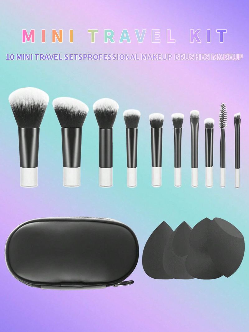 10-teiliges Regenbogen-Reise-Make-up-Pinsel-Set mit 4 Mischschwämmen, Etui mit Reißverschluss, kompaktes Kosmetikpinsel-Set mit kurzem Griff, tragbare Make-up-Grundausstattung_voghion.com