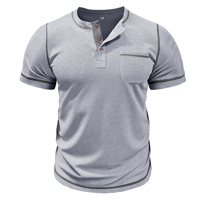 2024 Europäische und amerikanische Herrenbekleidung Rundhalsausschnitt Waffel Henry Kurzarm-T-Shirt Außenhandel Herrenknöpfe Kontrastierende helle Linie Boden_voghion.com