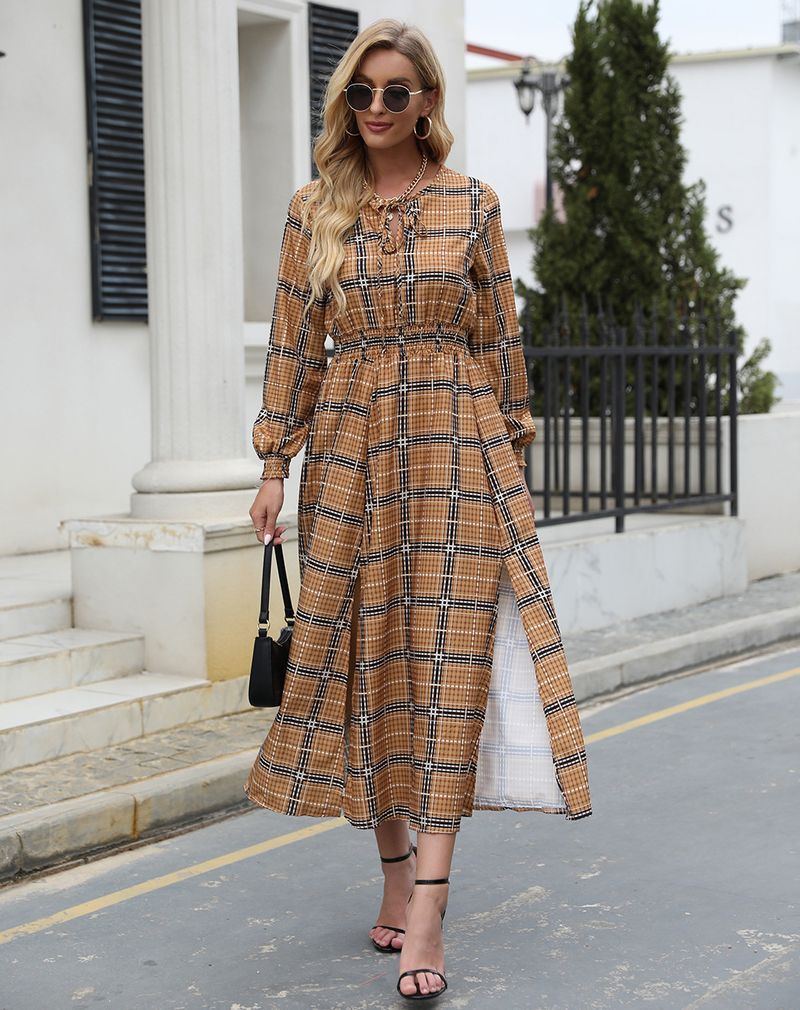 Autumn/Winter Women's Checkered Waist Split Mid Length Long Sleeved Dress_voghion.com