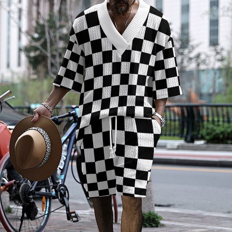 Men's Clothing fashion technology plaid print oversize drop shoulder men's knitted short sleeved shorts suit_voghion.com