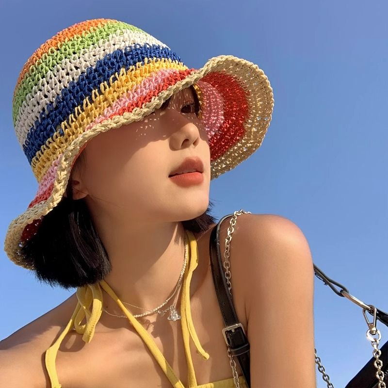 Moda Hyun Ya Feng Arcobaleno Erba Intrecciata Pescatore per Donna Estate Traspirante Parasole e Cappello da Pescatore con Protezione Solare Edizione Coreana_voghion.com
