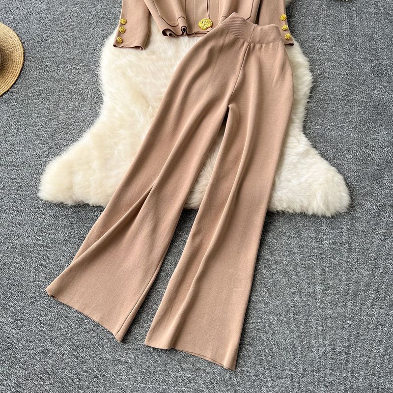 Women's Clothing Knit Cardigan & Pants Set – Metallic Button Two-Piece Outfit, Cozy Viscose Raylon Blend For Fall/Winter, Casual Elegance For Daily_voghion.com