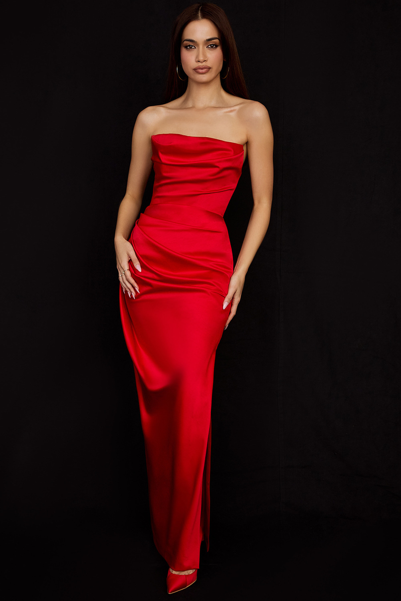 Damkläder Tube Top Ärmlös Enfärgad Slit Klänning_voghion.com
