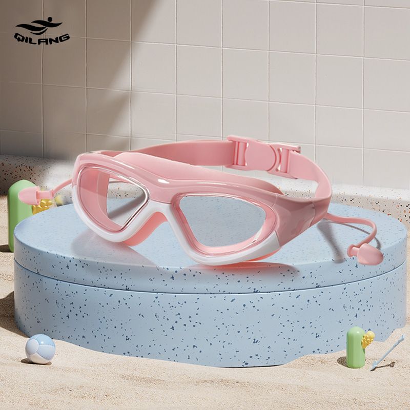 Waterdichte anti-condens duikbril voor kinderen, groot frame, professionele oordopjes uit één stuk, siliconen HD_voghion.com