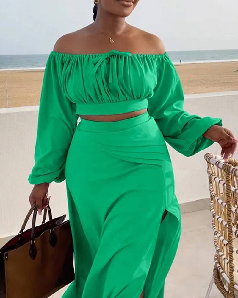 Damenbekleidung, lässig, einfarbig, Freizeit, Urlaub, einfarbig, Schlitz, schulterfrei, langärmelig, zweiteiliges Set_voghion.com