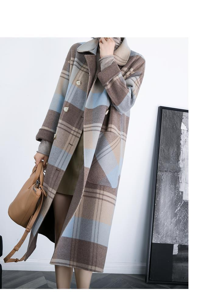 Damenbekleidung Karierter Wollmantel für Damen, Overknee-Zweireiher, große Taschen, lockere, mittellange Manteljacke_voghion.com