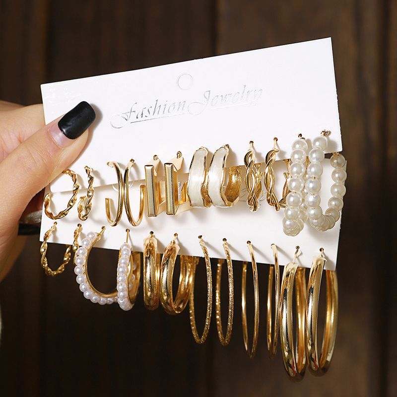 Kreative geometrische Ohrringe, Retro-Perlenohrringe, Ohrring-Set im Hepburn-Stil, 6-teilig, Metallohrringe im europäischen und amerikanischen Stil_voghion.com