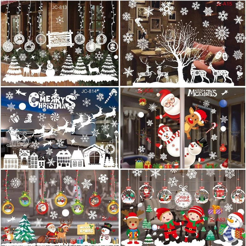 Nouvelles décorations de Noël, autocollants de fenêtre de Noël colorés, autocollants muraux flocons de neige blancs, décorations de vitrine, autocollants de fenêtre sans trace_voghion.com