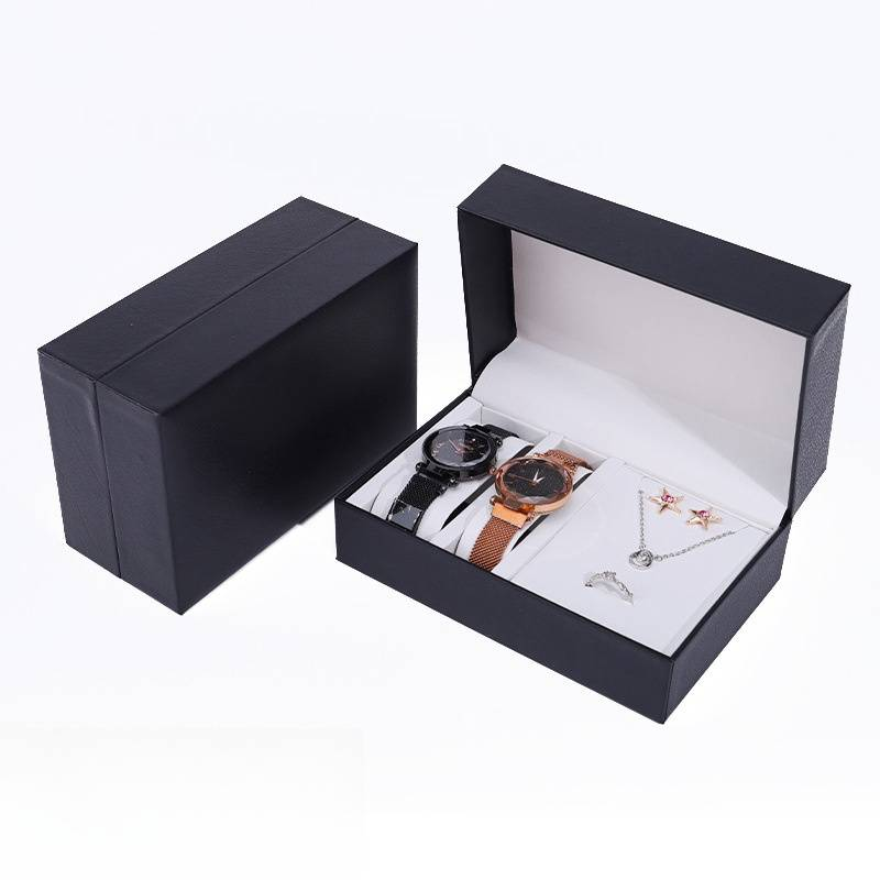 Clamshell PU Watch Lovers Watch Colar Anel Brincos Conjunto Longo Caixa de Relógio de Jóias_voghion.com