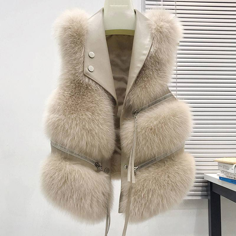 Damenbekleidung Weste Damen Kurzmantel Slim Fit Modisch Spleißen Fuchspelz_voghion.com