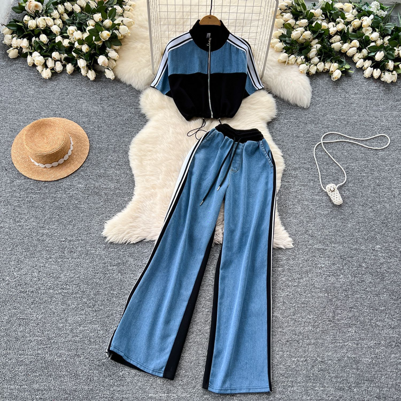 Damenbekleidung Modeanzug für Frauen Kordelzug Taille Kurze Kontrastfarbe Stehkragen Hohe Taille Denim Weite Beinhose_voghion.com
