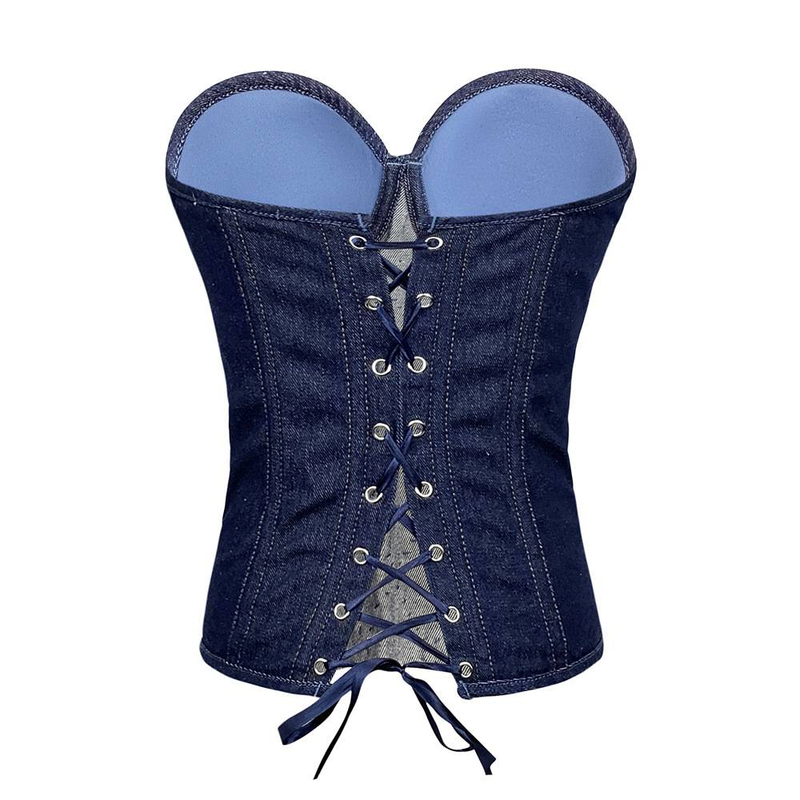 Women's Clothing Diamond Beaded Denim Corset Top - Retro Shaping Bustier With Heart Tie & Cotton Back (Slimming Vintage Zipper Design)_voghion.com