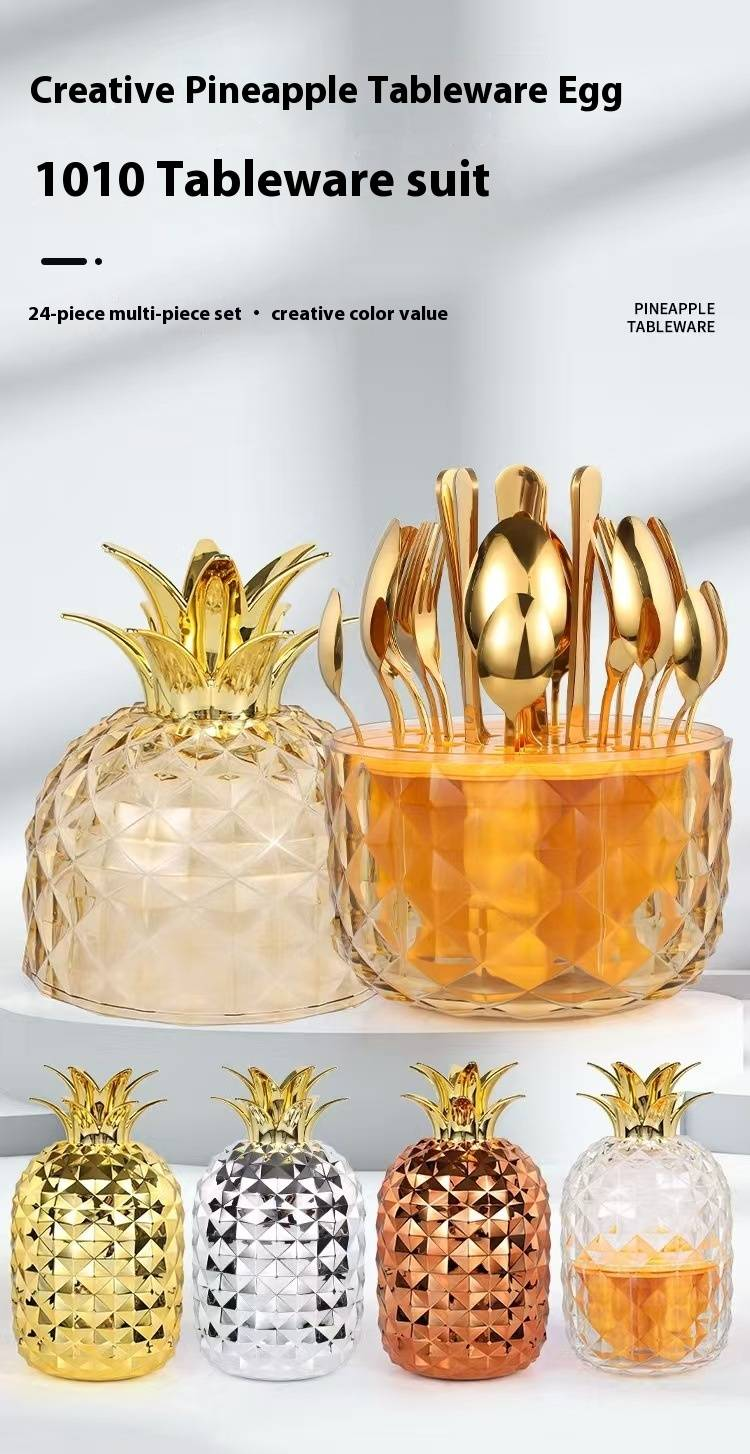 Set di posate in acciaio inossidabile in custodia ABS a forma di uovo - Confezione regalo da 24 pezzi con coltello, forchetta, cucchiaio e motivo ananas, elegante sala da pranzo_voghion.com