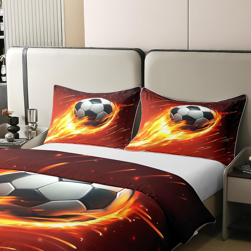 Fußball-Bettwäsche-Set, Doppelbett, Fußball-Bettwäsche für Kinder, Jungen und Männer, Feuer, leuchtendes Tor, rot, gelb, Bettdecke, Fußballbezug, weicher, bequemer Bettbezug_voghion.com