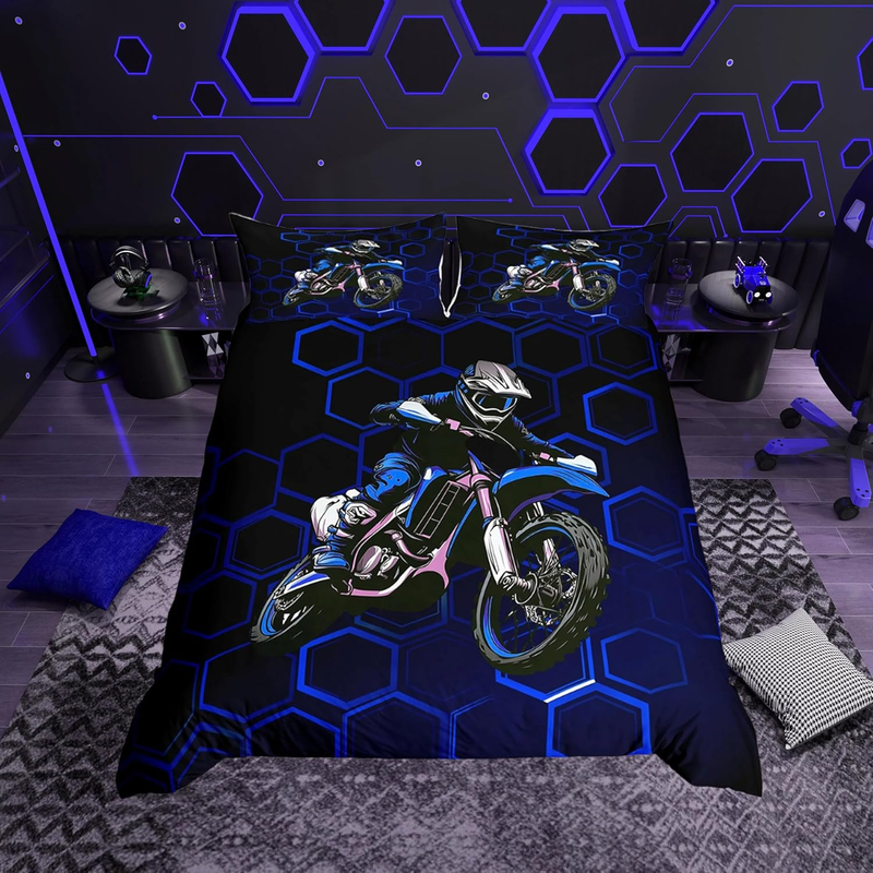 Blaues Dirtbike-Bettbezug-Set, Doppelgröße für Kinder, Jungen, Teenager, Schlafzimmer, sechseckiges Wabenbettwäsche-Set, geometrischer Extremsport-Bettbezug mit_voghion.com