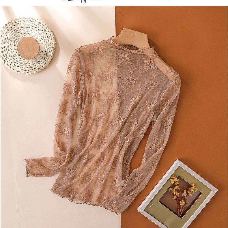 Women's Clothing Hollow Lace Bottoming Shirt For Women Spring And Autumn New Thin Half High Collar Inner Mesh High End Tops_voghion.com