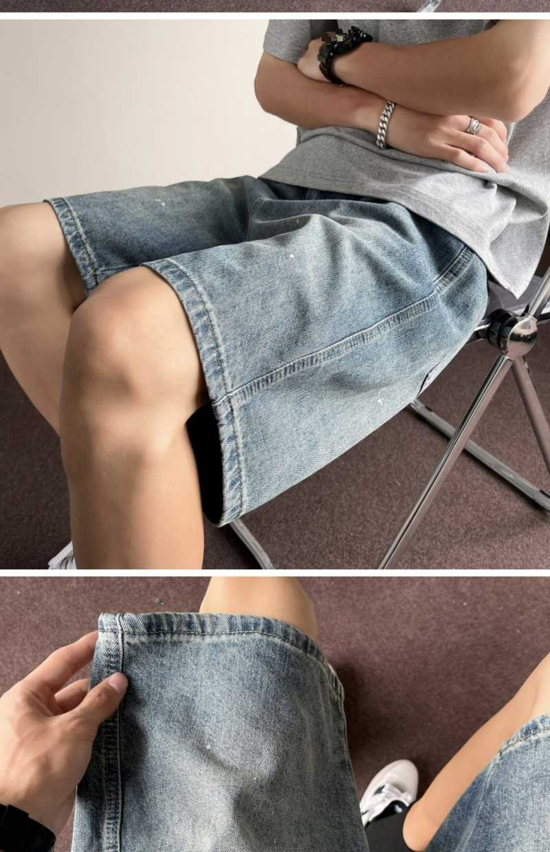 Ink Splashed Denim Shorts Men's Retro Street Loose Straight Shorts High Street Trend Solid Color Versatile Casual Shorts_voghion.com
