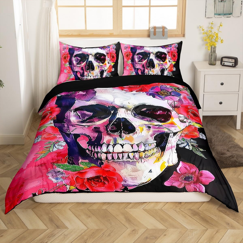 Copripiumino con teschio, copripiumino con scheletro gotico per lettino per bambini, set di biancheria da letto con fiori ad acquerello, set di biancheria da letto a tema Halloween con decorazioni per la camera da letto._voghion.com