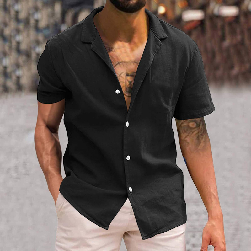 Camicia hawaiana nera da spiaggia, a maniche corte, con colletto rovesciato, in cotone e lino, con bottoni, stile da lavoro e da viaggio, da uomo._voghion.com