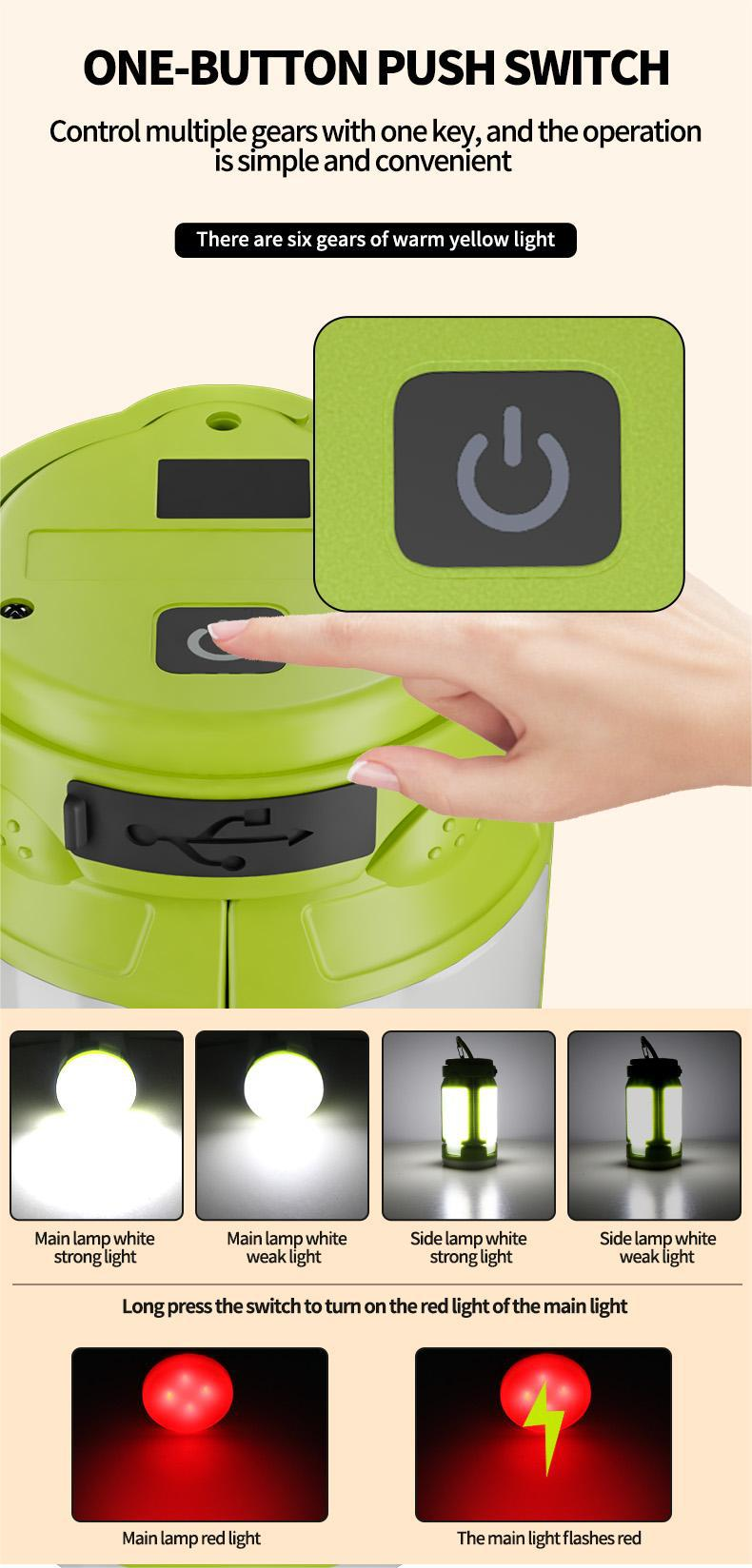 Linterna portátil de 4 hojas para acampar, recargable por USB, para tienda de campaña al aire libre, plegable, con luces LED de fútbol y gancho para colgar, luz blanca y roja._voghion.com