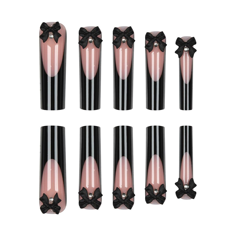 Eleganti unghie finte con fiocco francese nero - Design a farfalla lungo, dolce e glamour, unghie finte riutilizzabili per donna (opzioni con colla/adesivo in gel)_voghion.com