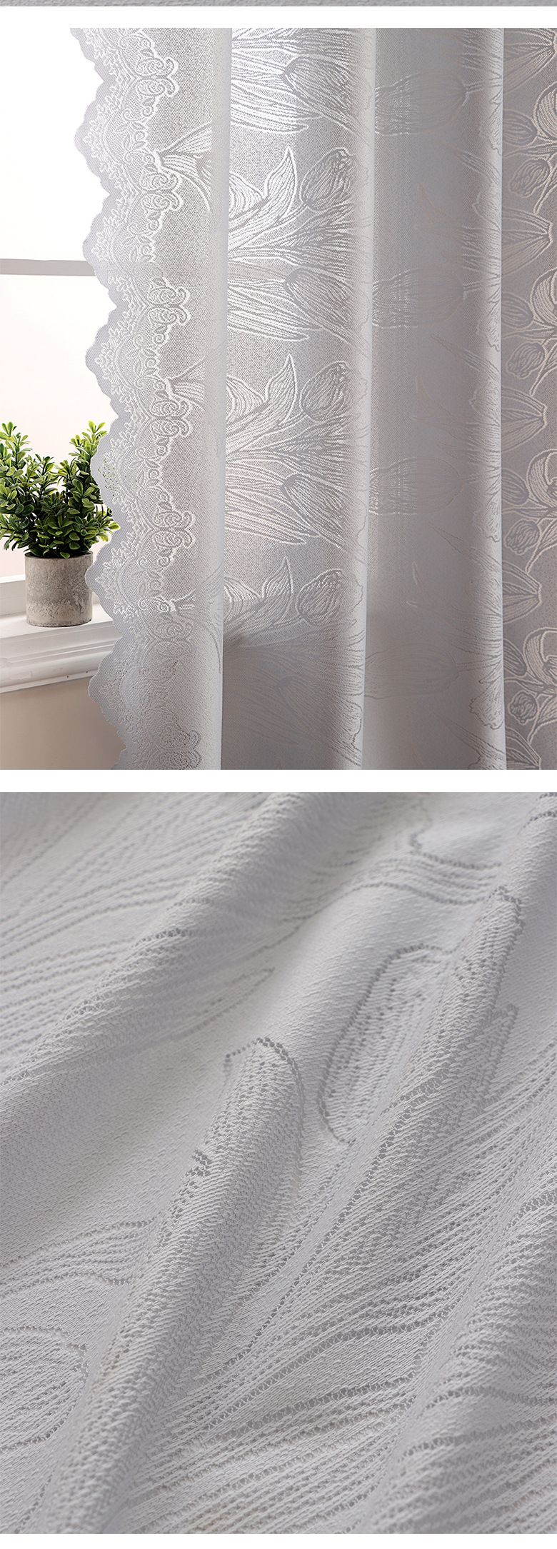 Vorhänge mit französischer Tulpenstickerei – Verdunkelungsvorhänge für Wohnzimmer/Schlafzimmer, ohne Bohrstangentasche und Bindeband oben, 354 x 663 cm, Weißgrau_voghion.com