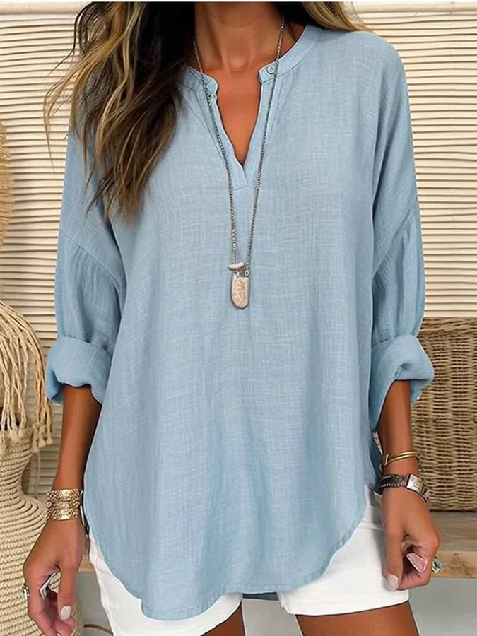 Women's Clothing Small V Neck Button Drop Shoulder Long Sleeve Women's T Shirt With Curved Hem_voghion.com