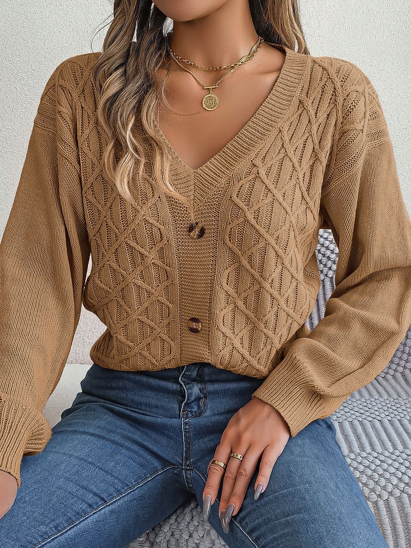 Maglione pullover con maniche a lanterna intrecciate e bottoni casual stile autunno inverno per donna_voghion.com