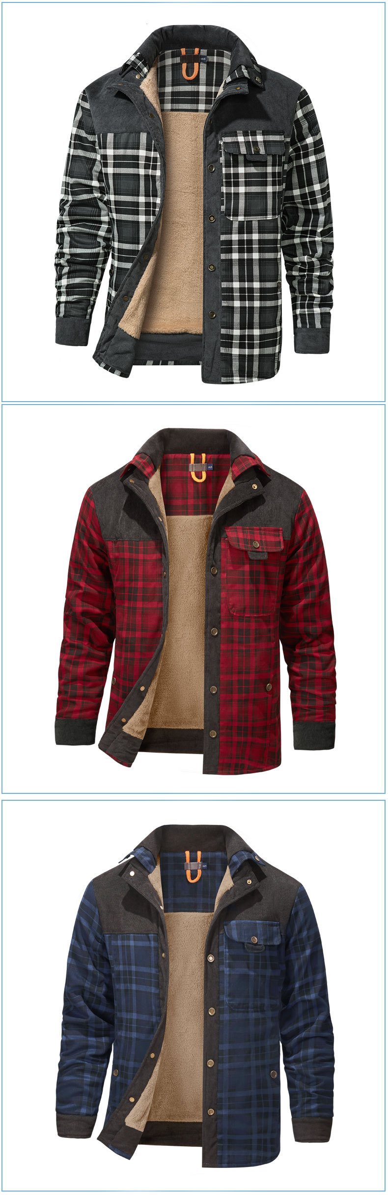 Camicia a quadri americana da uomo, giacca invernale calda in puro cotone, oversize e felpata_voghion.com