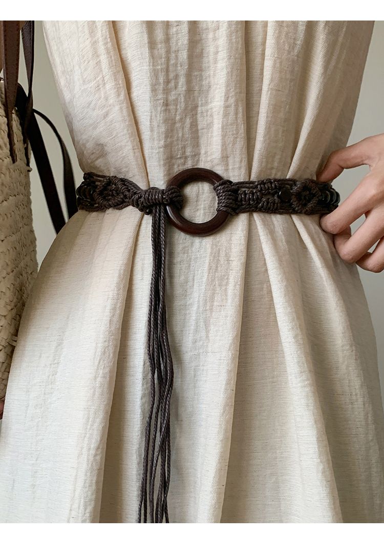 Gewebter Gürtel aus gewachster Kordel mit Holzschnalle, neuem, verlängertem Quasten- und Perlengürtel, Nischendesign mit Rockbesatz_voghion.com