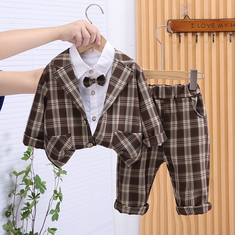 Baby Handsome Plaid Suit Three Piece Suit 2025 Spring And Autumn New Style Little Boy Gentleman Clothes Children Spring Suit_voghion.com