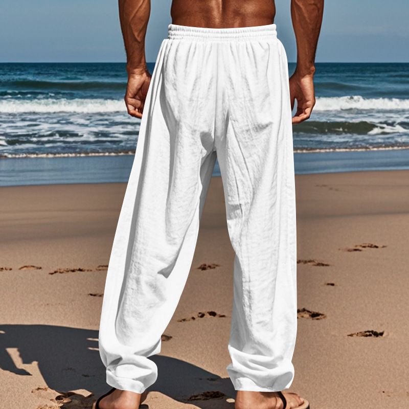 Neue Herrenhose aus Baumwolle und Leinen in Übergröße mit lockerer, einfarbiger, lässiger Schnürhose_voghion.com