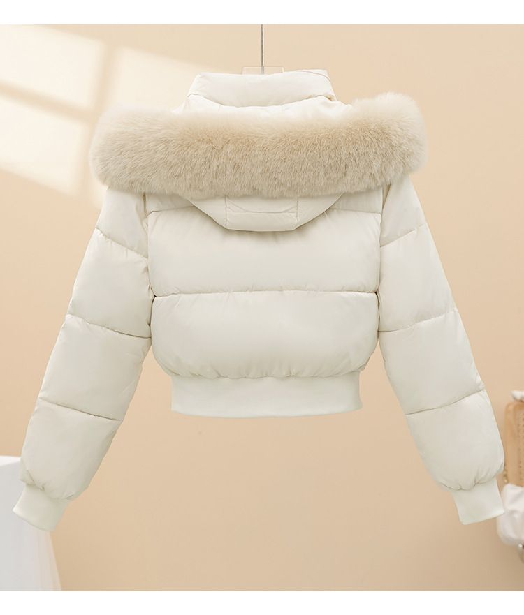 Dicke, kurze Pufferjacke für Damen mit Kunstpelzkapuze – warmer Wintermantel, schmale Passform, Taillenbetonung, Polyester-Außenmaterial, Kaninchenfellbesatz, lässige Oberbekleidung_voghion.com