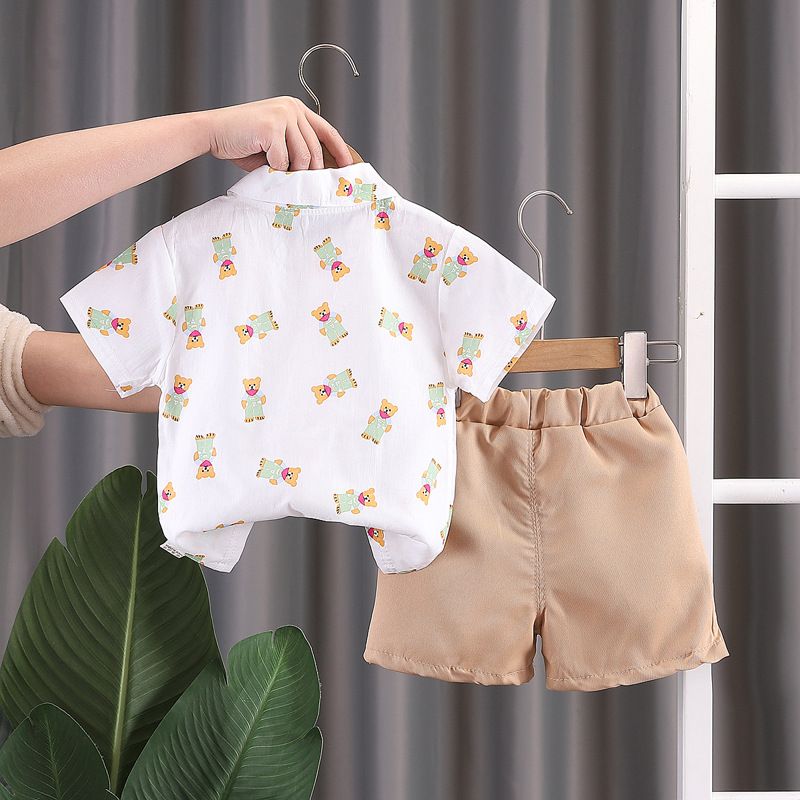 Bos' Fashionable 2024 Summer New Small and Medium Sized Children's Full Print Bear Necktie Shirt Short Sleeve Set_voghion.com