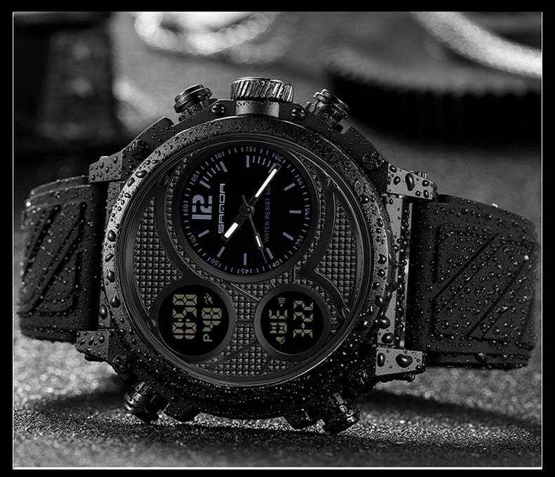SANDA LED Digital Sport Watches 50m Waterproof Electronic Wristwatch Three Time Display Quartz Watch for Men Alarm Clock_voghion.com