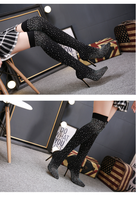 Scarpe da donna con calzini di diamanti stivali alti fino al ginocchio calzini lunghi stivali tacchi alti strass punta affilata stivali sopra il ginocchio_voghion.com