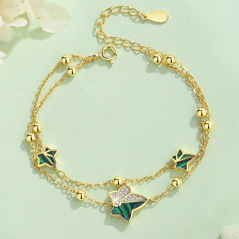 Bracciale in argento S925 con foglia di edera intarsiata in zircone e malachite, braccialetti a doppio strato_voghion.com