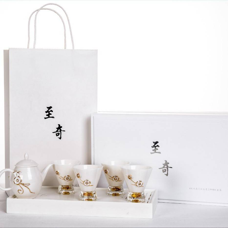 Weißes Porzellan Goldfolie Kristall Tee-Set Eine Kanne und vier Tassen Business Geschenk Set Lieferungen_voghion.com