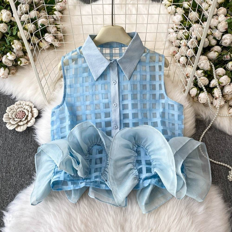Abbigliamento da donna, top alla moda in stile estivo, camicia senza maniche a quadri sottili con cuciture tridimensionali a forma di bocciolo di fiore._voghion.com