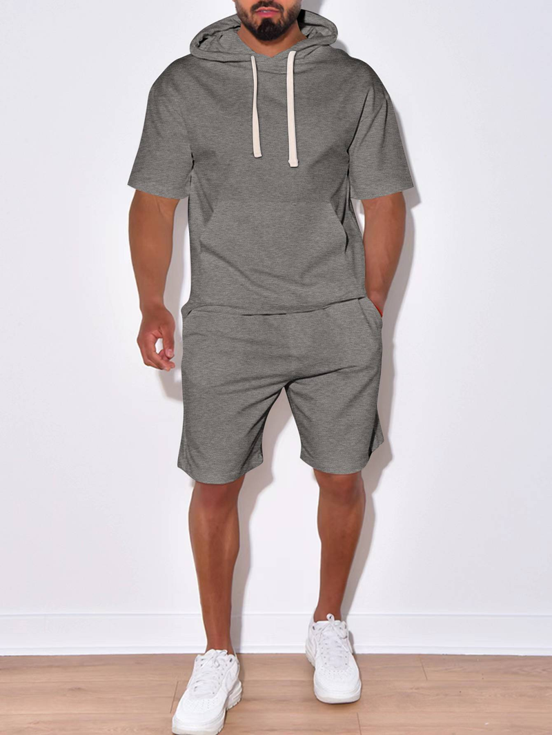Nuovo prodotto 2025, abbigliamento sportivo casual da uomo europeo e americano, a maniche corte e pantaloncini, con cappuccio, tinta unita, due pezzi_voghion.com