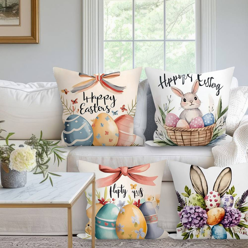 Bunny Easter Egg Print Cushion Cover - Removable Sofa Pillow Case For Living Room, Bedroom, Couch Decor_voghion.com