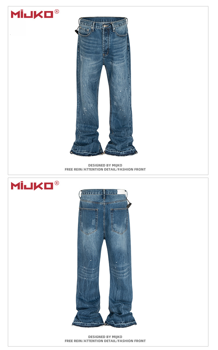 MIJKO Unisex Washed Splatter Distressed Bootcut Jeans With Cat Whisker Hem - Vintage Blue Denim Pants For Men & Women_voghion.com