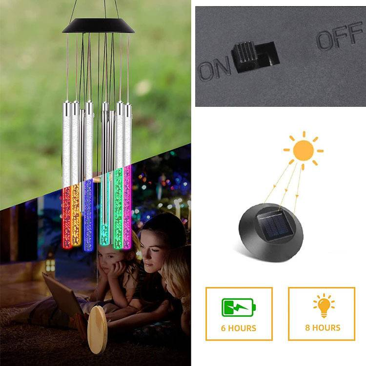 Campanilla de viento de madera y acrílico con energía solar: decoración LED de jardín que cambia de color con diseño giratorio para patios y jardines._voghion.com