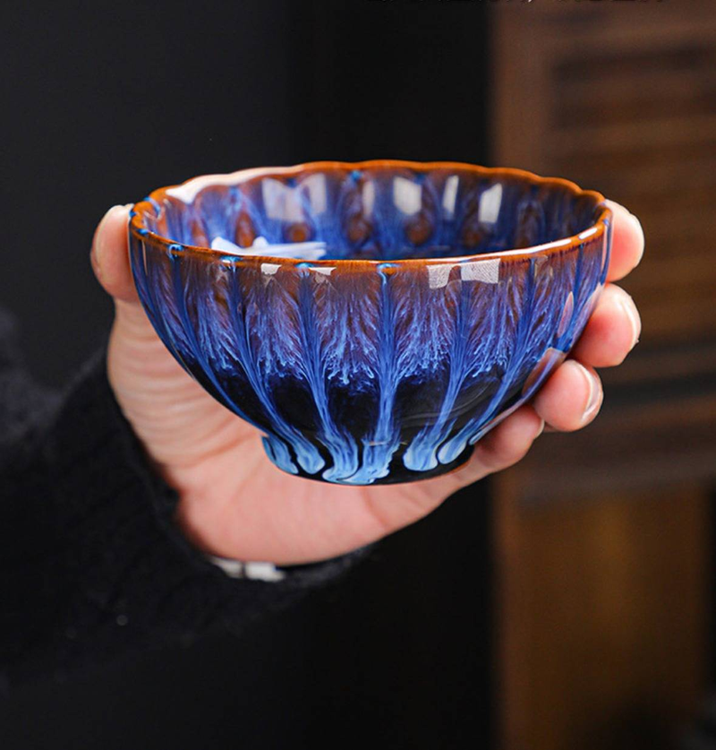 Kiln - Changed Gold - Inlaid Lotus Tea Cup: Jianzhan - Style Ceramic Petal Bowl, Perfect For Kung Fu Tea Rituals_voghion.com